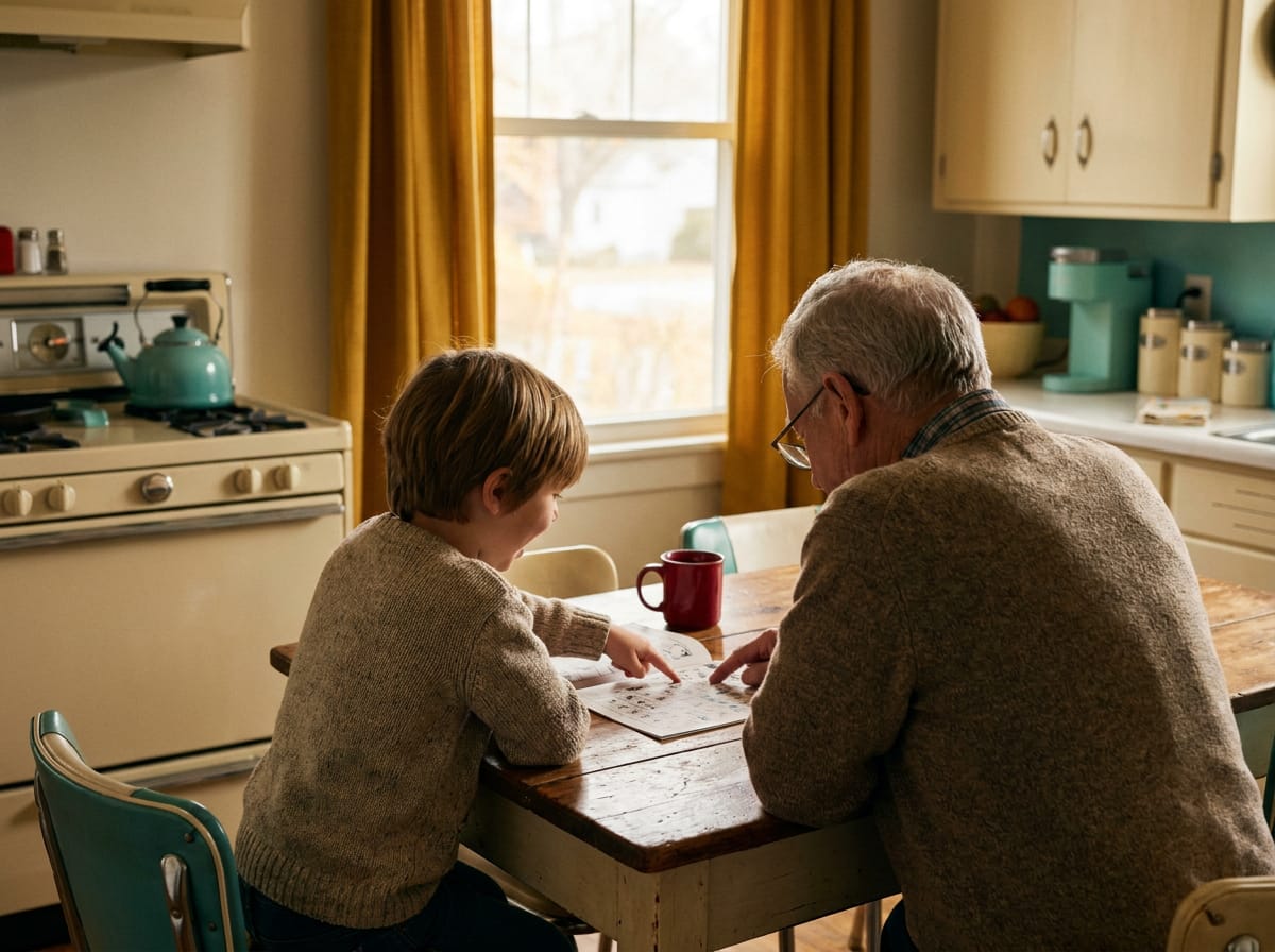 A grandparent and a grandchild seen from behind, side by side at a kitchen table leaning over a printed game.