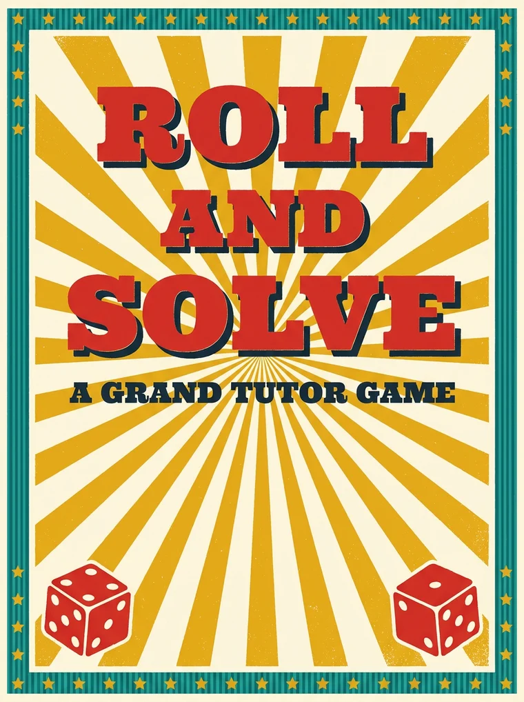 Cover of the free printable game Roll and Solve, styled like a vintage board game box with red lettering on a mustard sunburst.