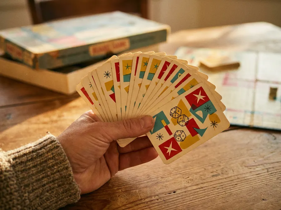 A fan of printed game cards in cream, red, mustard and teal held above a wooden table.