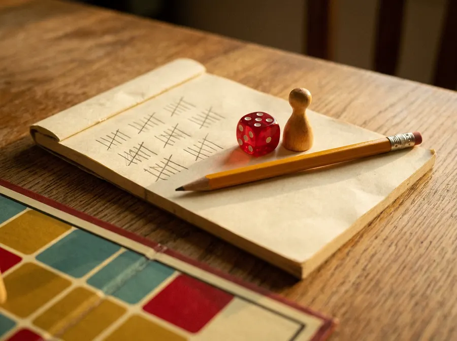 A paper score pad with pencil tally marks, a pencil, a red die and a wooden pawn.