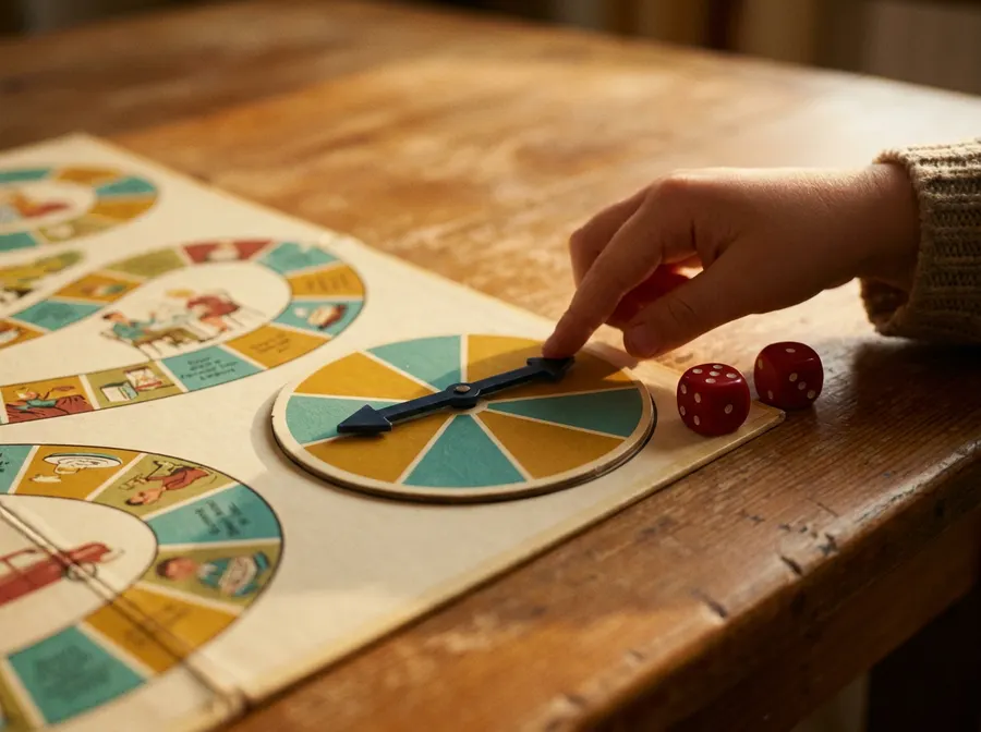 A child's hand flicking a printed cardboard spinner on a game sheet.