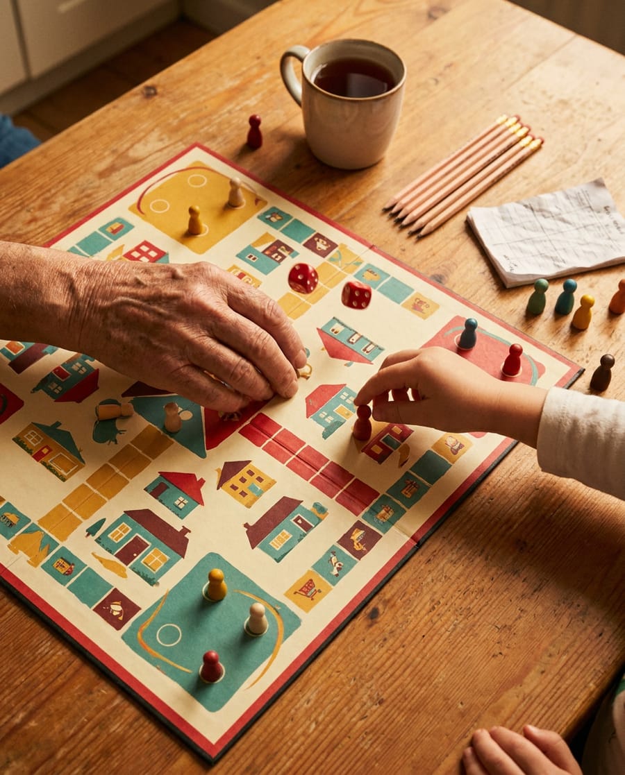 A grandparent's hand and a child's hand reaching across a wooden kitchen table for pieces on a printed board game, with a red die caught mid-roll.
